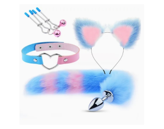 Bdsm Bondage Set Nipple Clips Fox Tail Anal Plugs Cat Ear Headband Plugs Anal Tail Leather Neck Collar Adults 